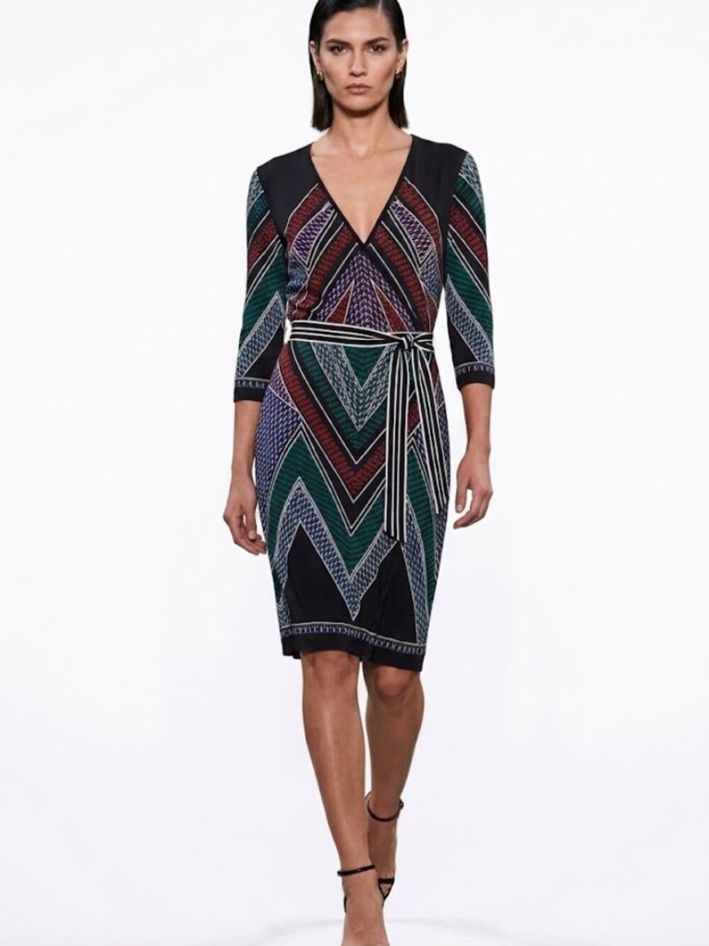 Calvin Klein New Faux Wrap Belted Dress 3/4 Sleeve Chevron Geometric Black 10